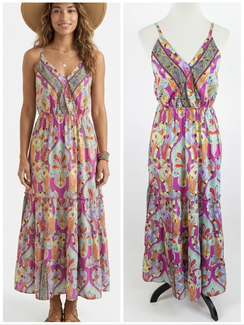 Step In Style Boho Paisley Floral Silky Maxi Dress Women's Size Medium